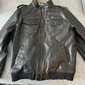 Levi's Men's Sherpa Lined Faux Leather Aviator Bomber Stand collar Dark Brown L